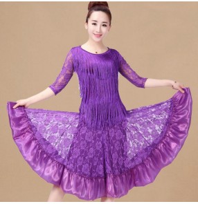 Purple violet fuchsia hot pink black red lace fringes middle long sleeves women's ladies female gymnastics practice competition performance profesional latin salsa samba cha cha dance dresses sets outfits